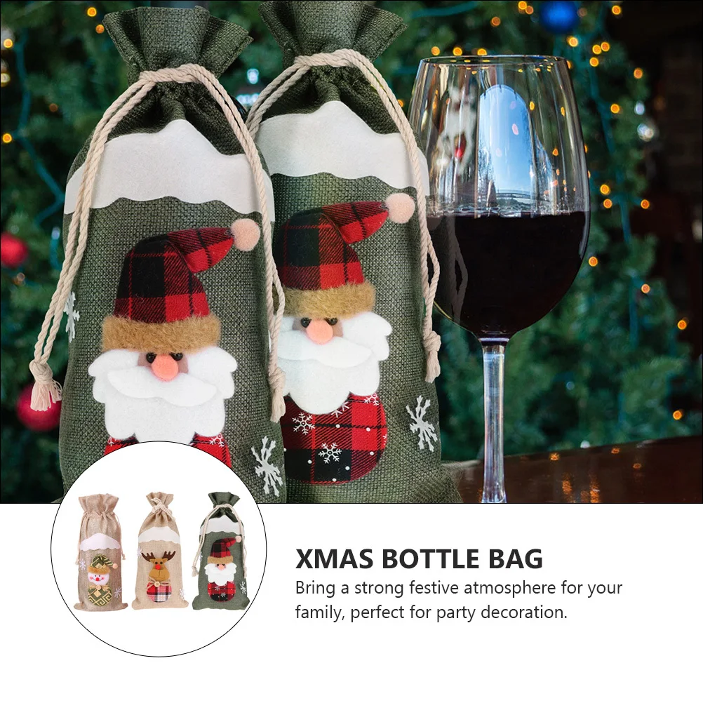 

3 Pcs Jute Wine Bottle Cover Dinner Party Bag Christmas Linen Covers Decoration