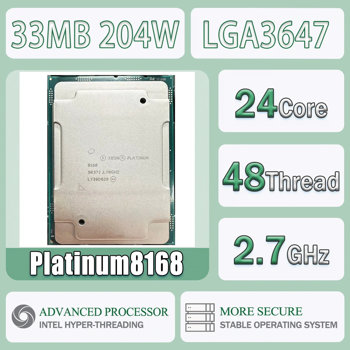 Intel Xeon Platinum8168 24 núcleos 48 hilos 2,7 GHz 33 MB 204 W ordenador CPU procesador servidor Platinum 8168 paquete LGA3647