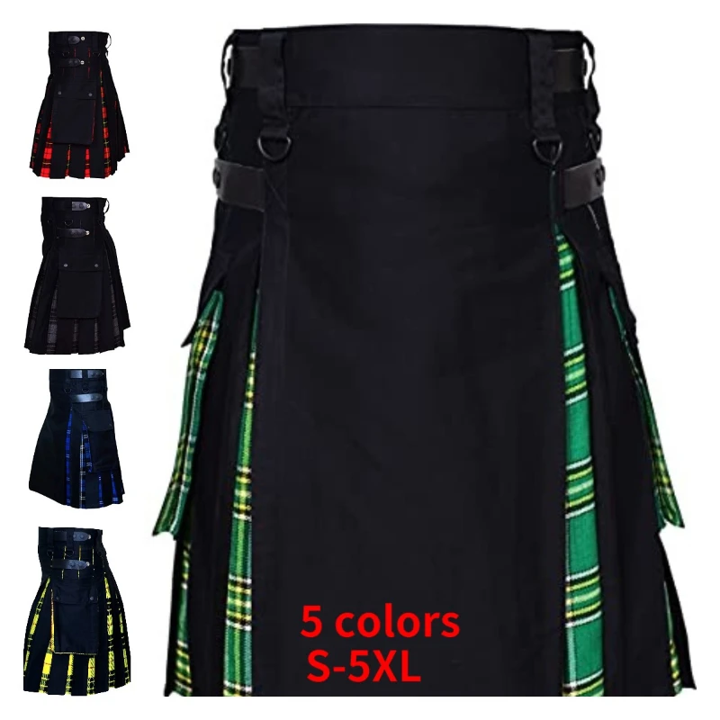 Kilts-Men\'s Plus Size Scottish Hybrid Black Cotton & Tartan Utility Kilts with Leather Straps Kilts for Men