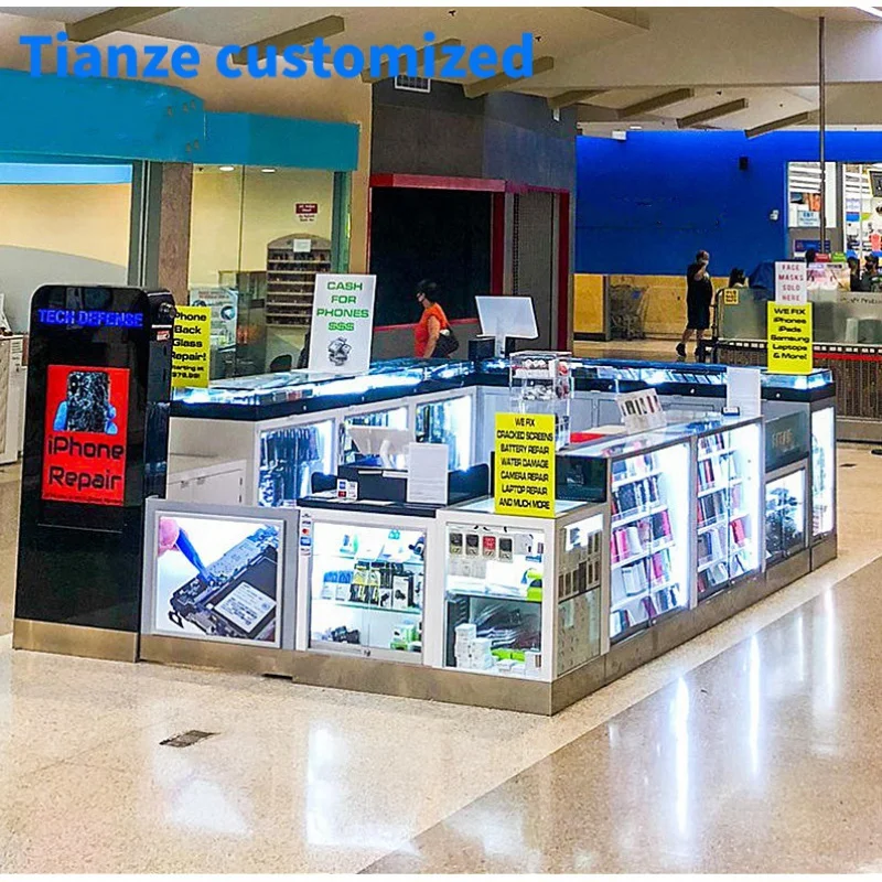 （customized）Professional Phone Repair Kiosk Phone Store Display Showcase LED Cellphone Accessories Kiosk Shopping Mall