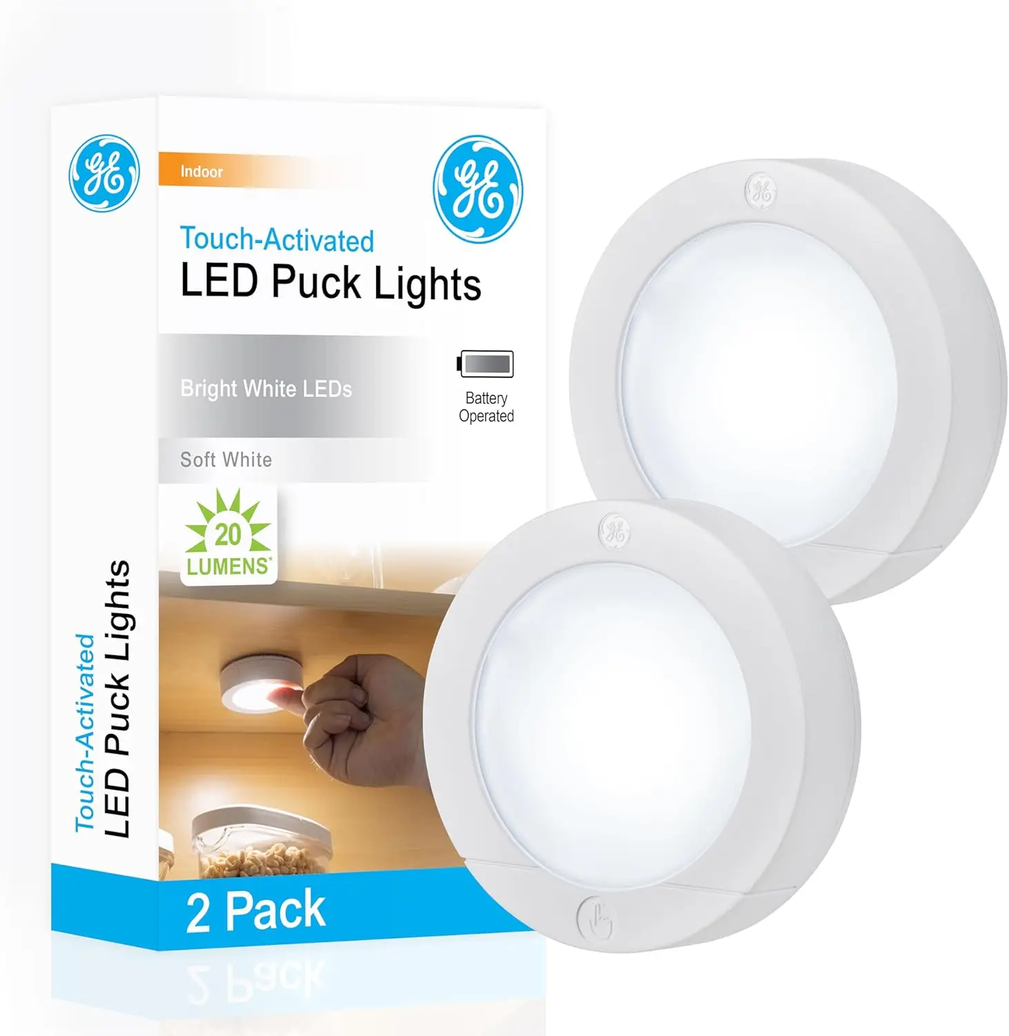 

Touch-Activated LED Puck Lights, Battery Operated, 20 Lumens, Stick-On for Under Cabinet, Kitchen, Closet, Garage, 2-Pack