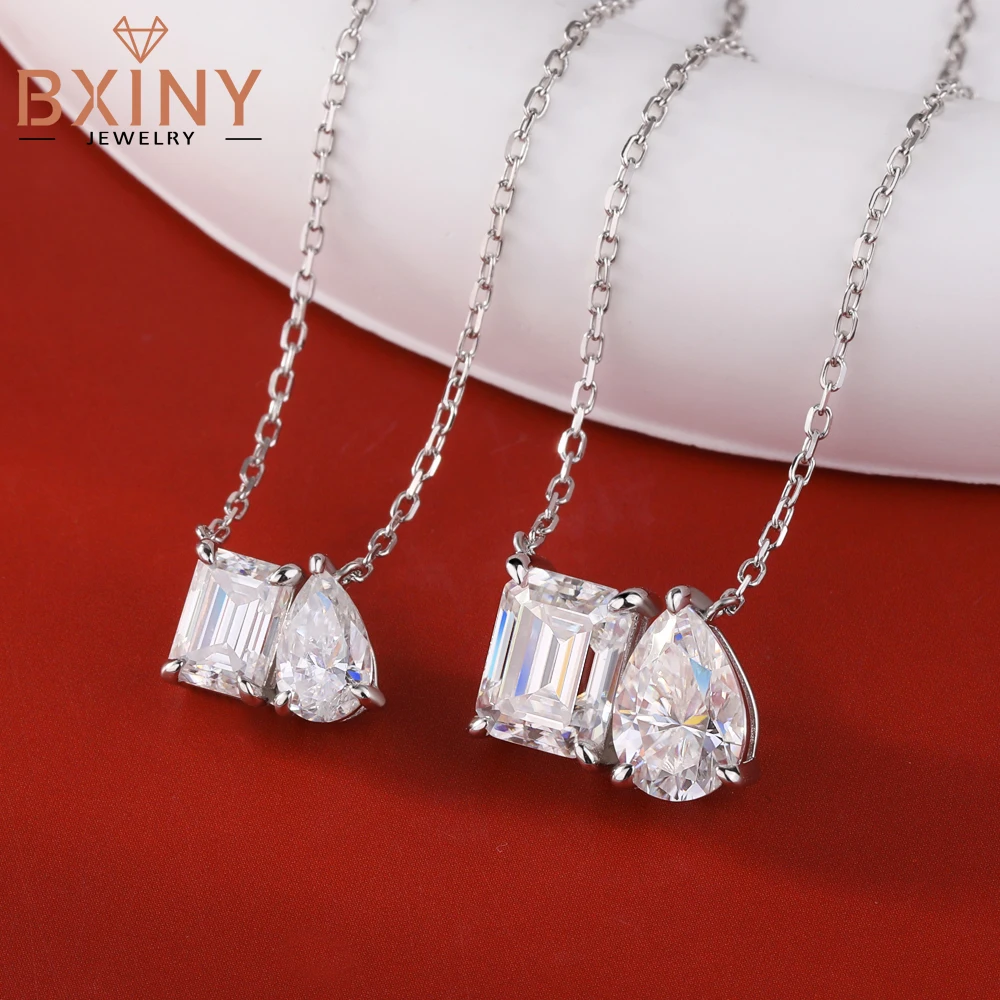 BXINY 2-Stone Moissanite Pendant Necklace S925 Silver Radiand/Pear Cut Diamond Neck Chain for Women Engagement Fine Jewelry Gift