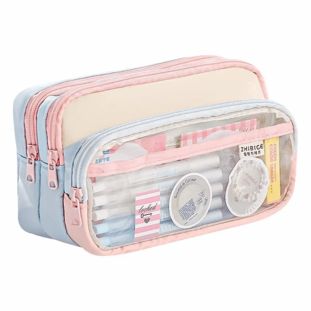New Color-Block Pen Bag Transparent Pocket Multi-Compartment Pencil Case Large Capacity with Zipper Multi-layer Pen Pouch School
