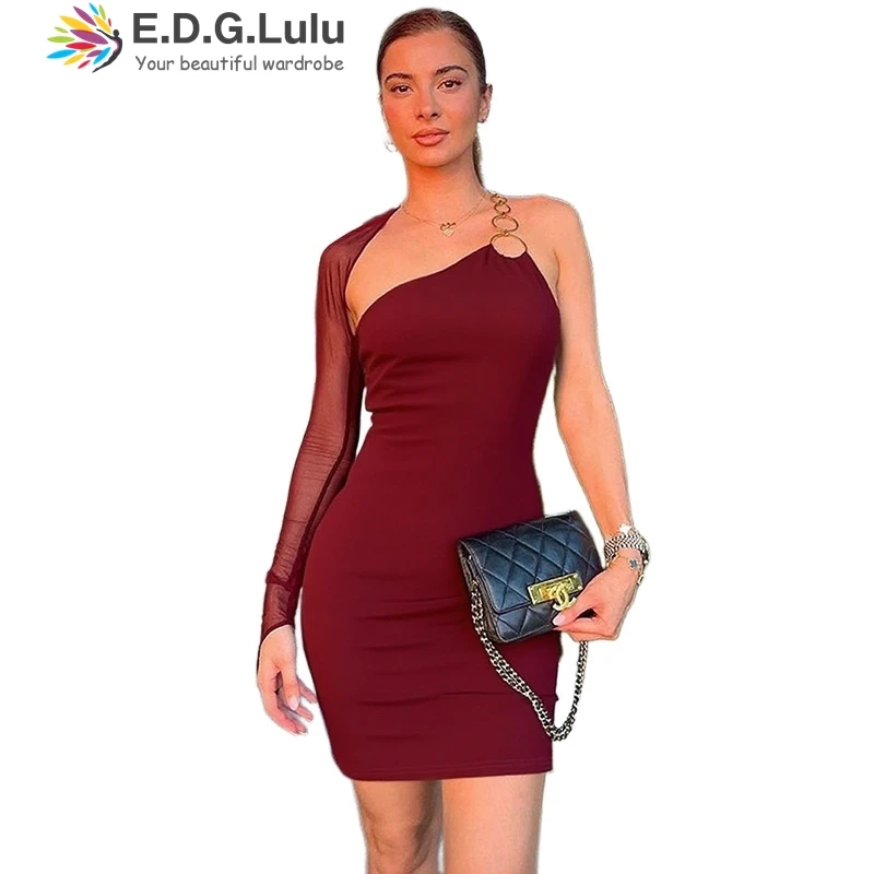 EDGLuLu Asymmetric Collar Bodycon Mini Party Dress Woman Sexy See Through Long Sleeve One Shoulder Dresses 0926