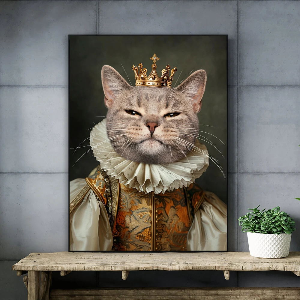 Custom Renaissance Queen Cat With Crown Poster Personalized Royal Pet Portrait From Photo Canvas Painting Prints Decor Gifts