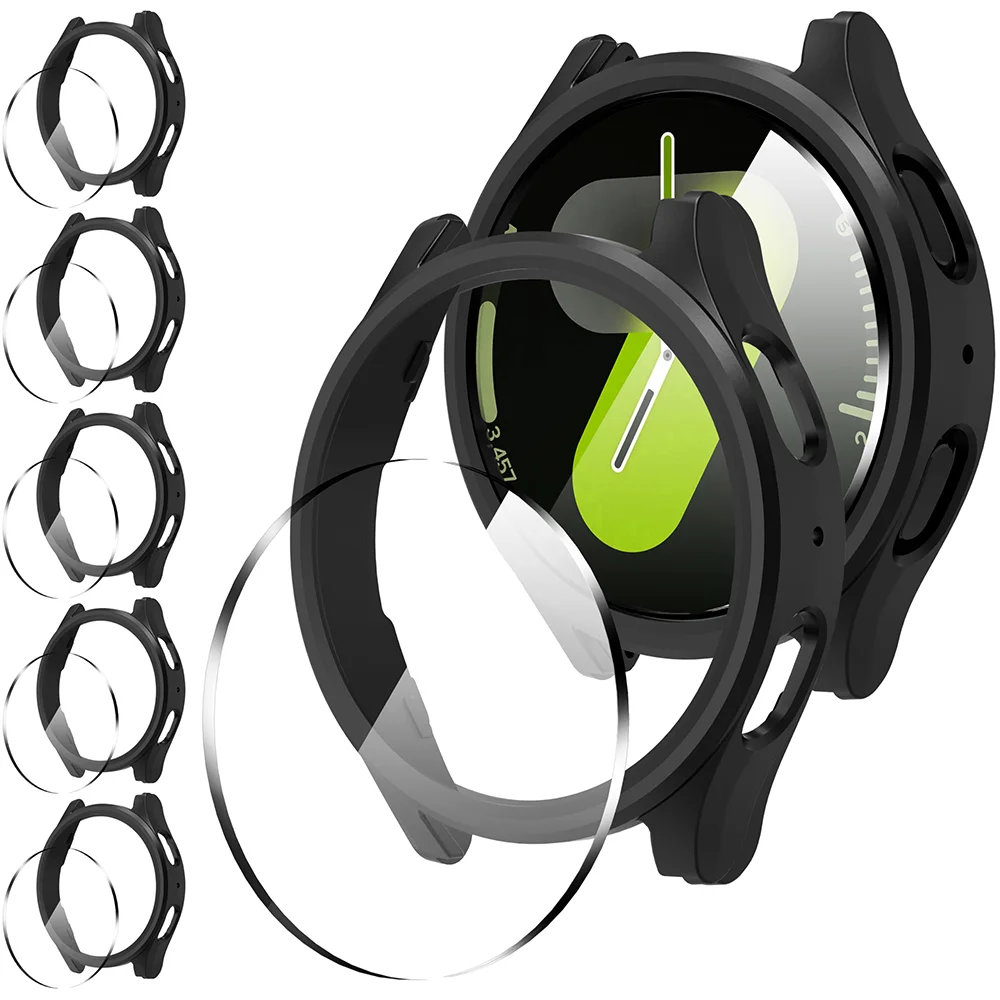 2 Stück Hülle für Samsung Galaxy Watch 7 6 5 4 40 mm 44 mm, mattes Hart-PC-Gehäuse + gehärtetes Glas, schützende Displayschutzfolie, Stoßstange