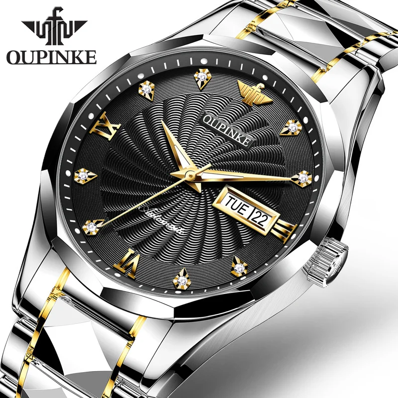 

OUPINKE 3169 Japan Automatic Watch for Men Tungsten Steel Strap Dual Calendar Whirlwind Dial Luxury Men's Mechanical Wrist Watch