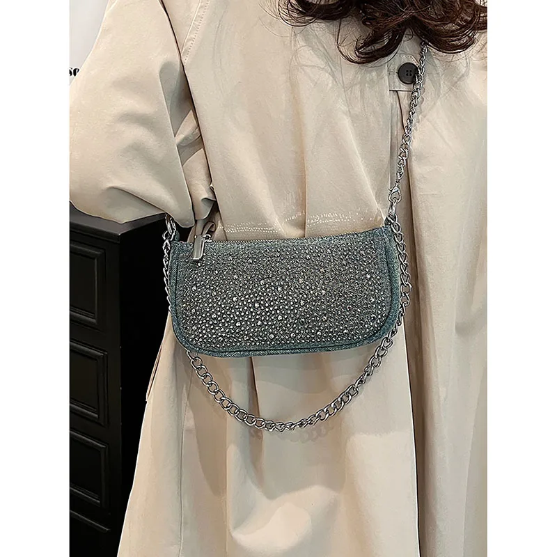 Light Luxury Diamond Denim Texture Chains Underarm Bag High Quality Fashion Small Square Bag Women 2024 New Simple Crossbody Bag