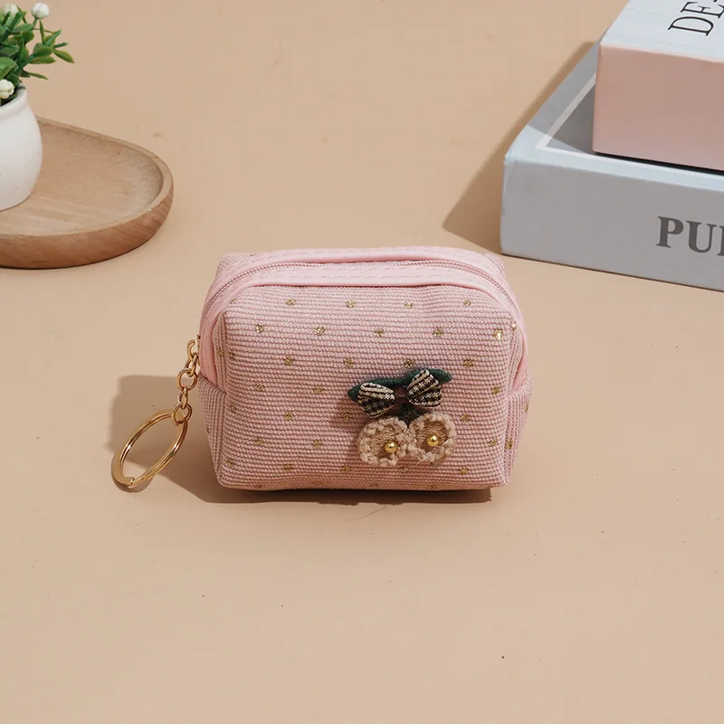 Mini monedero de pana suave con lazo para mujer, cartera pequeña con llavero, bolsa de cambio de lápiz labial, bolsas de almacenamiento con cremallera