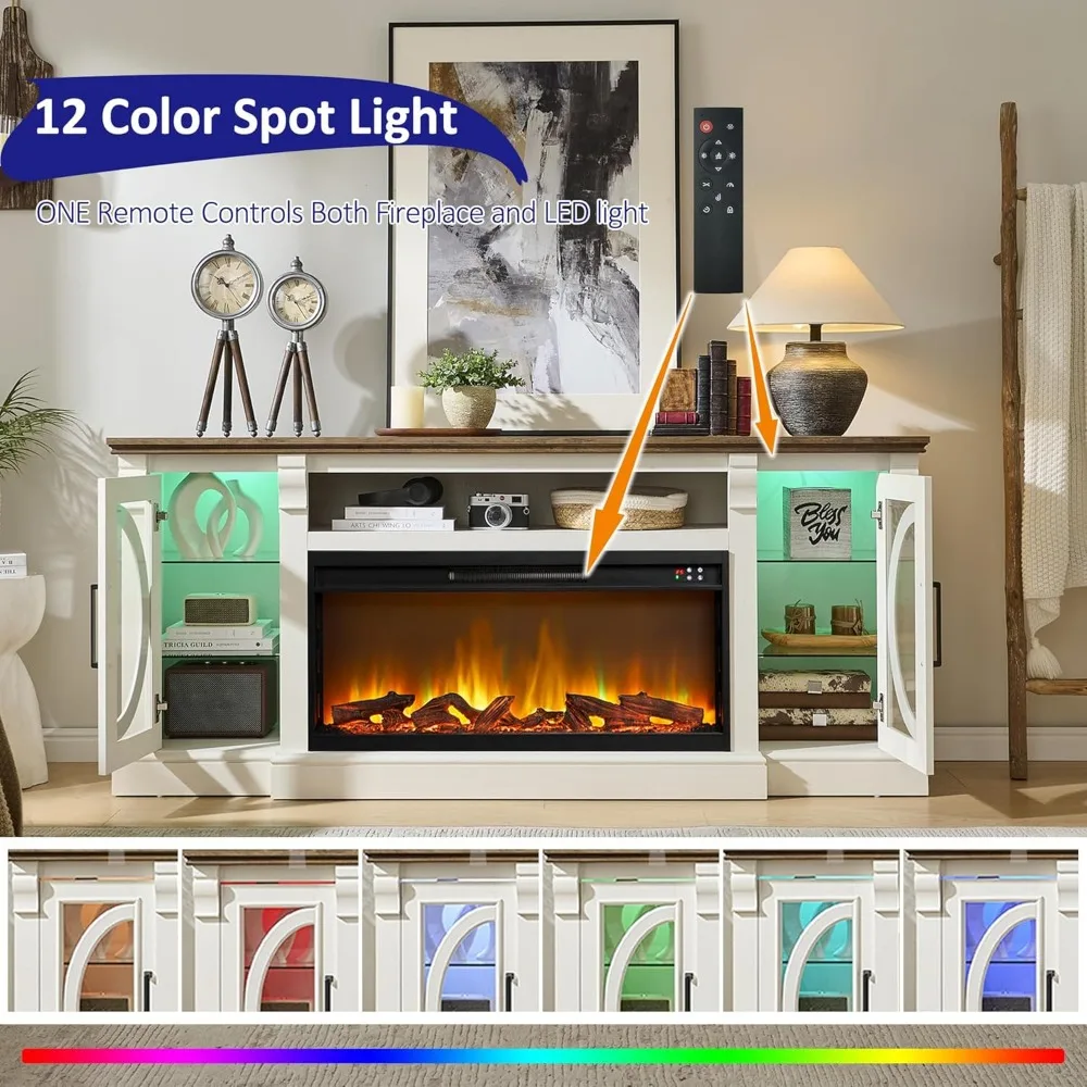 مركز ترفيه مدفأة كهربائية LED لـ 80 تلفزيونًا، حامل تلفزيون على طراز المزرعة مع 36 مدفأة