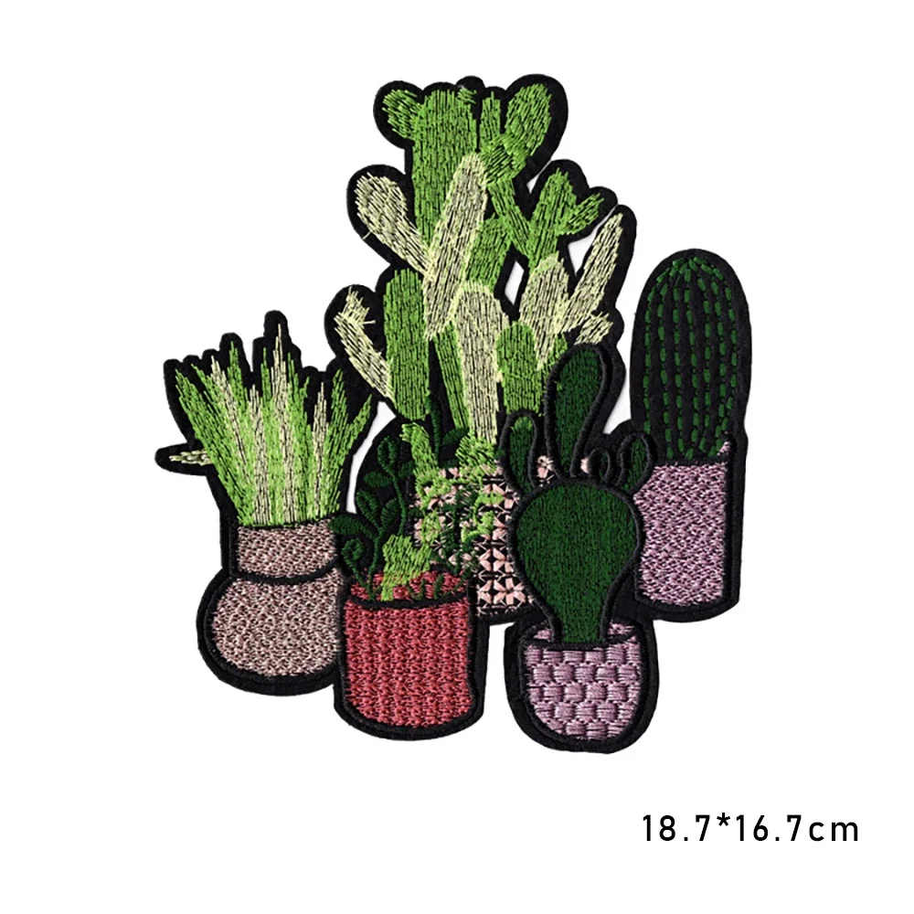 New Large Cartoon Patch Cactus Flower Embroidery Cloth Sticker DIY Clothes Patch Hole Badge Iron on Transfers for Clothing