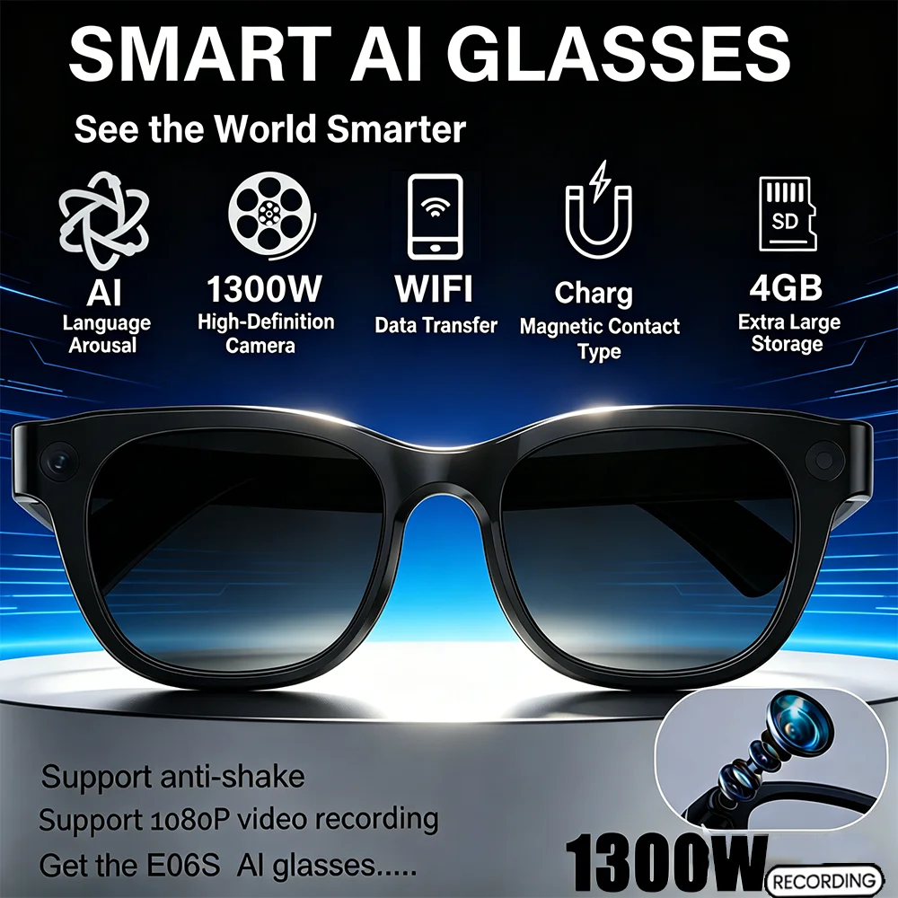

1300W HD Camera AI Wearable Glasses 1080P Anti-Shake Video Recording BT Call & Music Playback Real-Time Voice Translation Fun