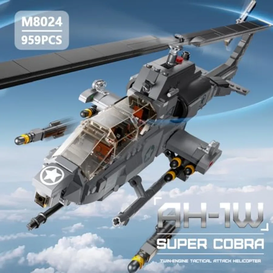 Military helicopter building set for display and collection, ABS plastic, gray-green camouflage, 958 pcs with detailed cockpit