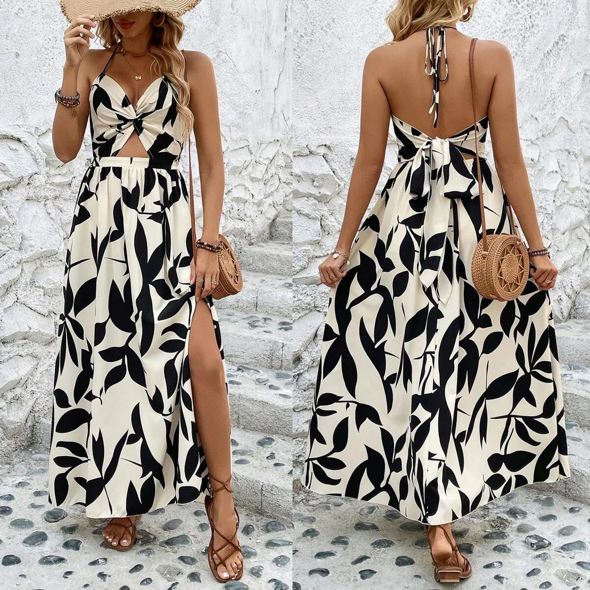 

Neck Mounted Dresses Camisole Dress Print Ankle Length Women Hollow A Line 2025 Backless Spliced Loose Fit Sexy Summer