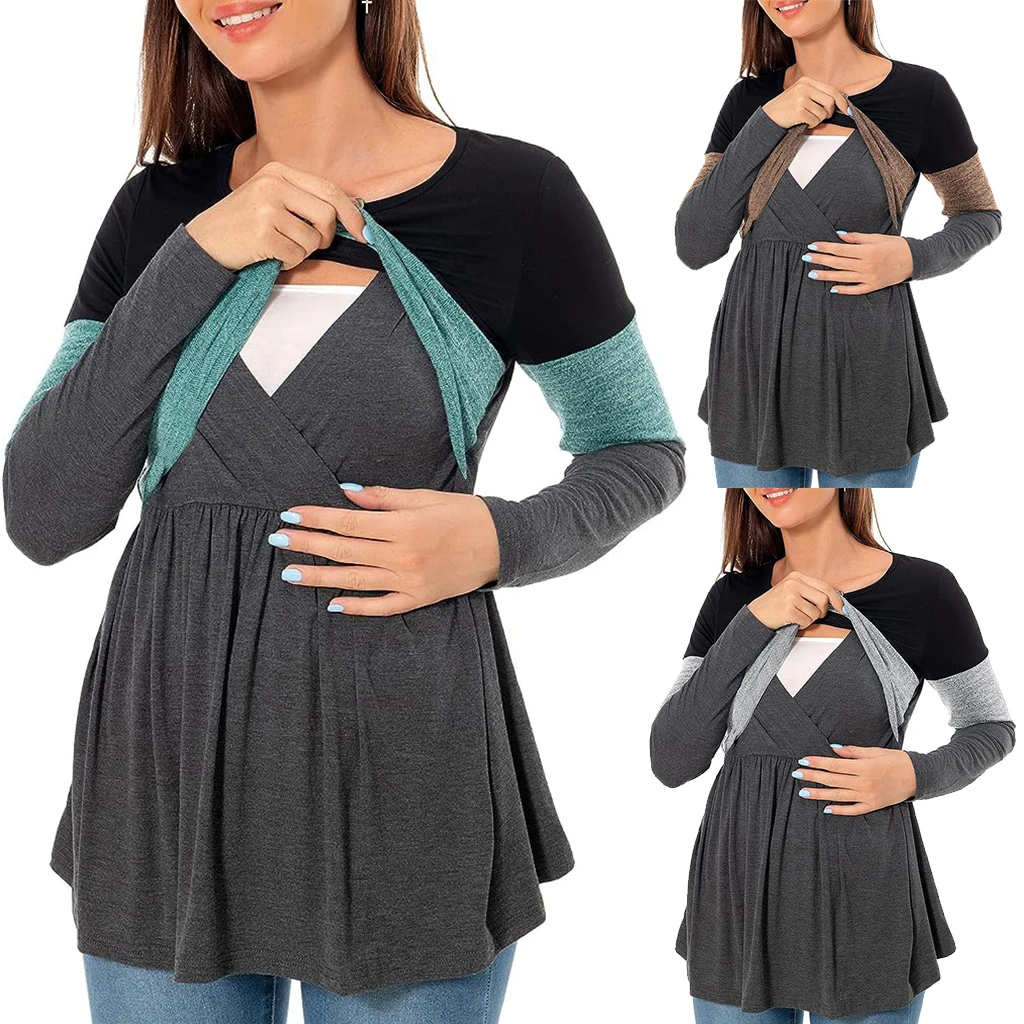 Maternity Nursing T Shirt Pregnant Womens Long Sleeve Patchwork Nursed Tops Blouse For Breastfeeding Pregnancy Clothes Pullover