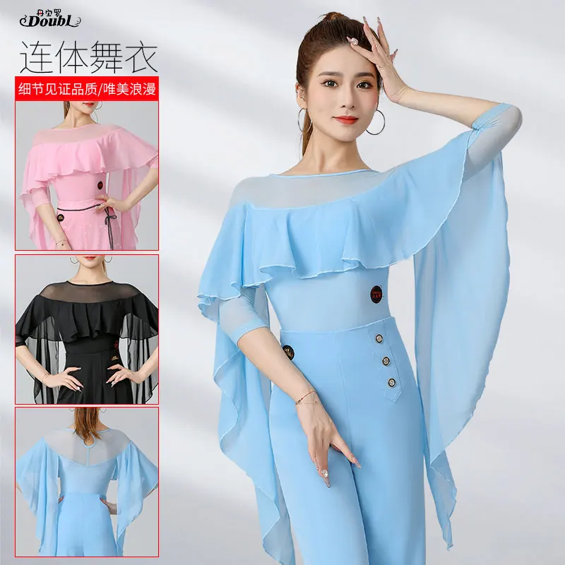 

Doubl Latin Dance Practice Dress Flowing Chiffon Ladies Mid-sleeve Jumpsuit Dance Top Waltz Dance Dress