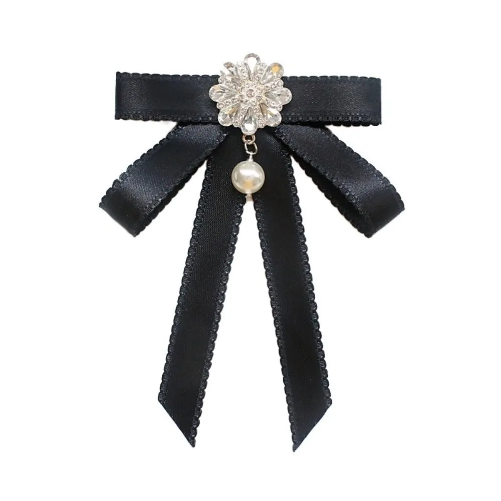 Simple Solid Color Black Ribbon Pin Pearl Rhinestones Black Bow Necktie Multi-layer JK Funerals Memorial Pin Mourning