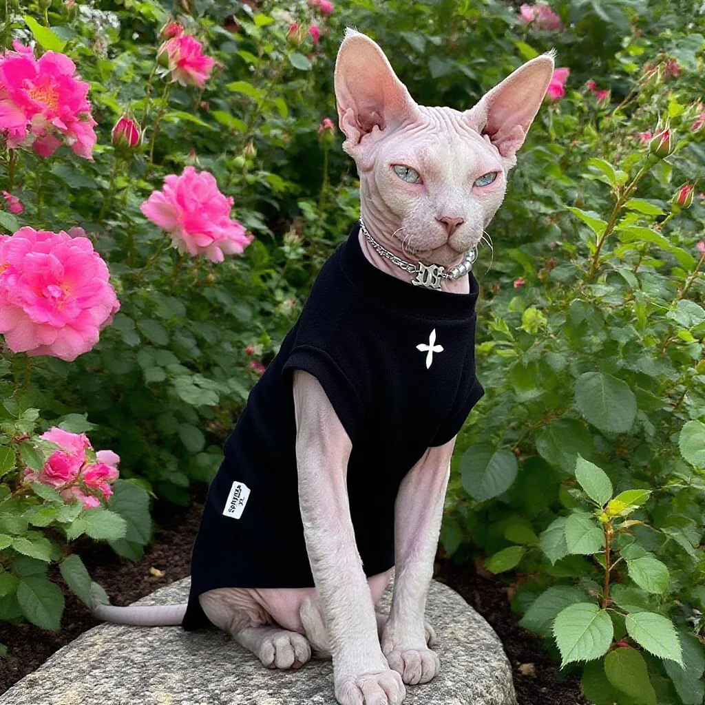 

Sphynx Cat Clothes Winter Black Cotton T-Shirts , Pullover Kitten Shirts with Short-Sleeve, Hairless Pajamas Apparel for Cats