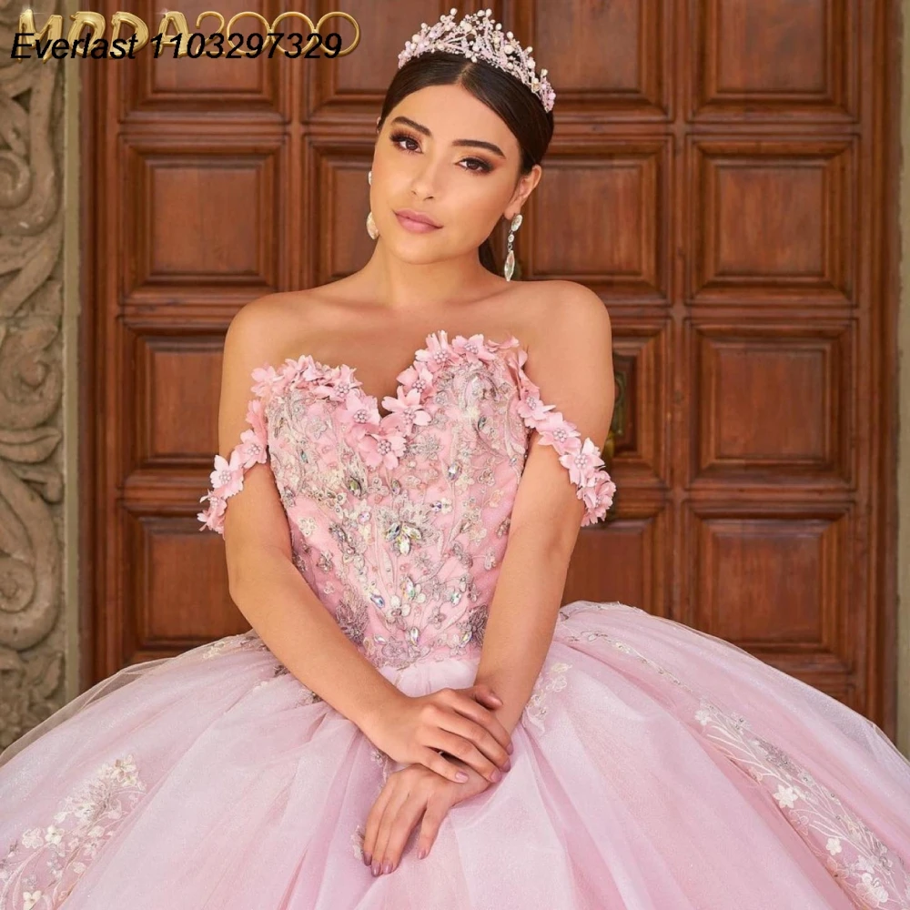 EVLAST Customized Pink Quinceanera Dress Ball Gown Floral Applique Beading With Cape Corset Sweet 16 Vestido De 15 Anos TQD950