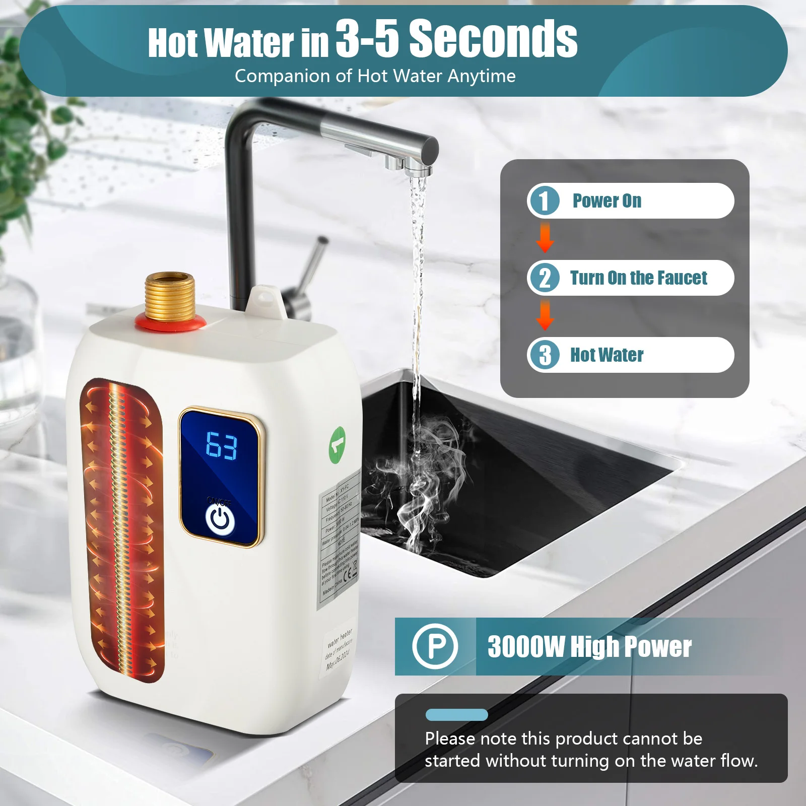 Kitchen Mini Electric Water Heater 3000W Grounding Setting Anti-dry Burning Leakage Overheating Protection Water Heater