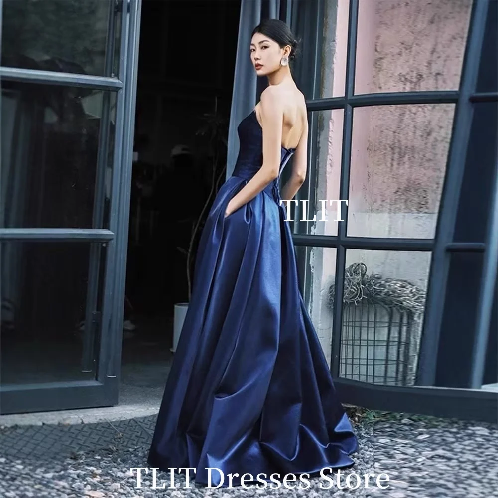 TLIT Einfache Satin-Abendkleider in A-Linie, trägerlos, formelle Party-Abschlussballkleider für Hochzeitsfotos, individuelles Rückenkorsett
