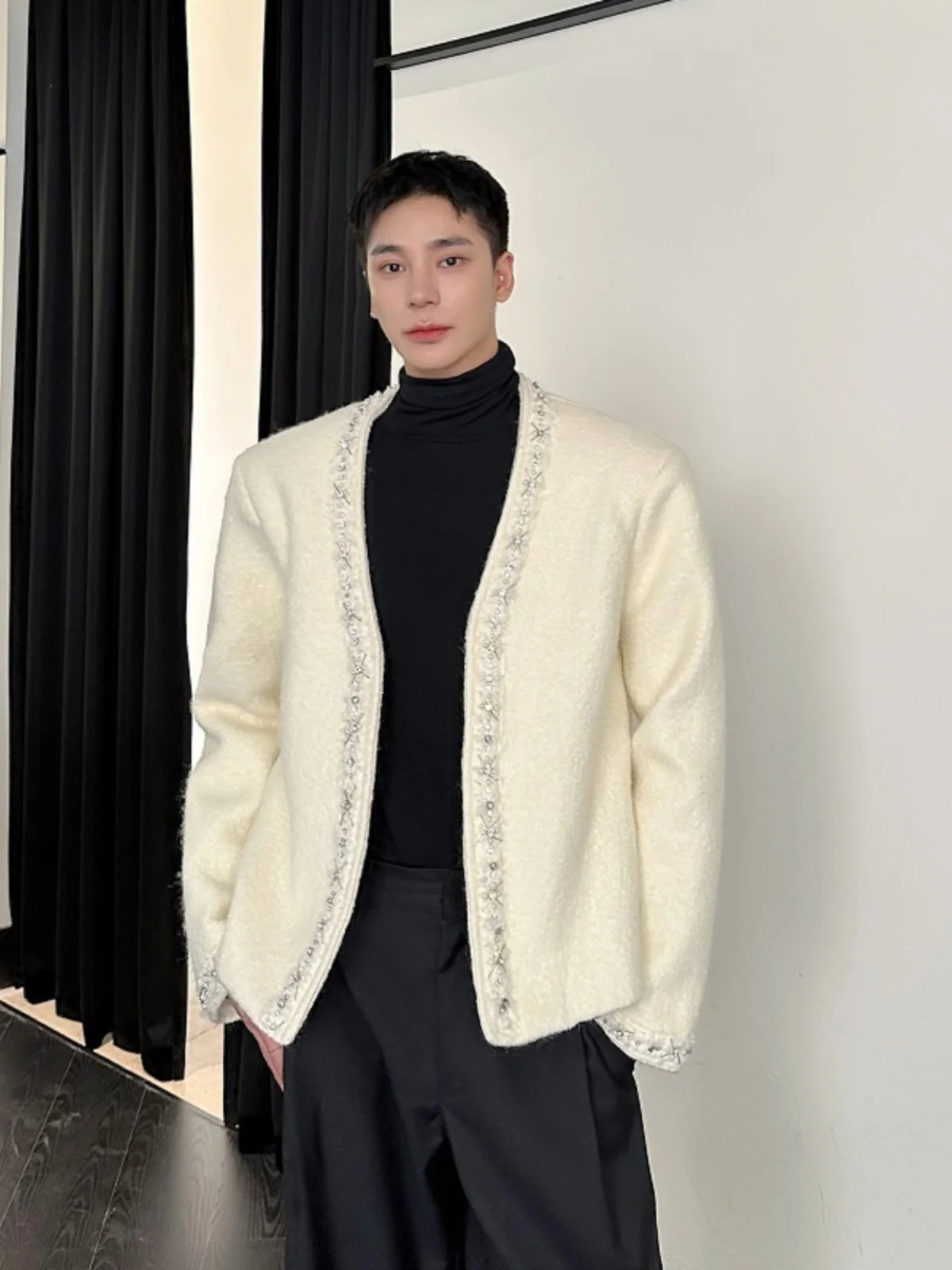 

Осень-зима или шерстяной джет, мужской свободный кардиган ручной работы с жемчужным дизайном, пальто для повседневной одежды