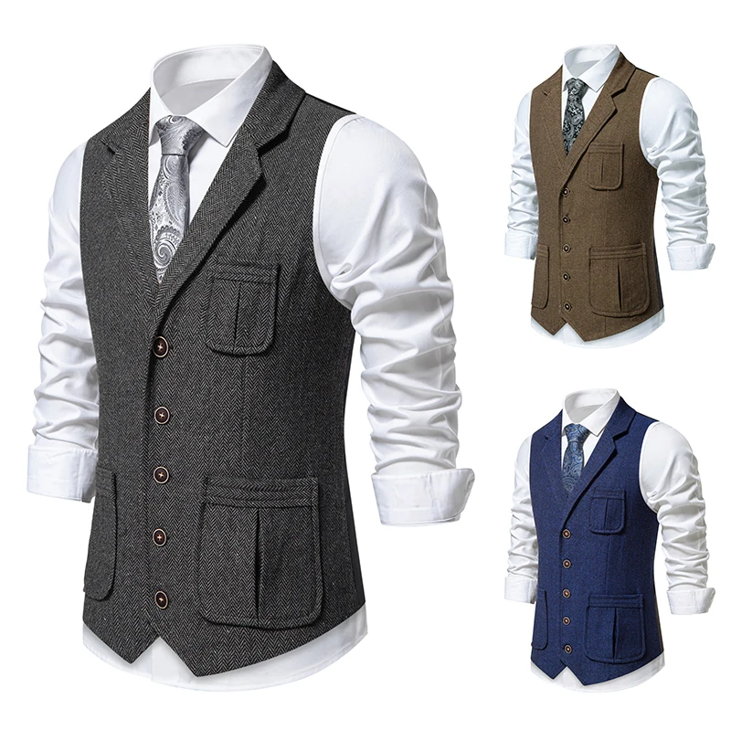 2024 Spring and Autumn New Men\'s Suit Vest Herringbone Pattern Fabric Splicing Satin Interior with Vest Party Dress