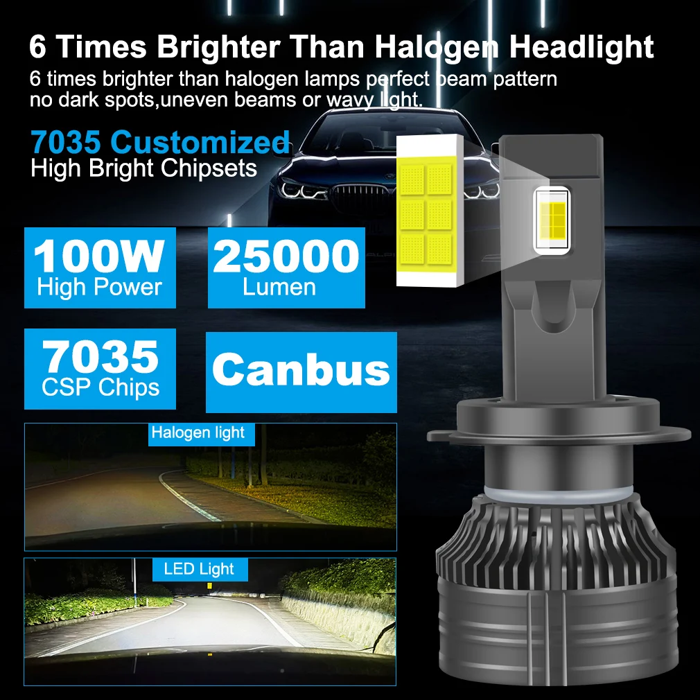 2pcs Canbus H7 LED H1 H4 H8 H11 9005 HB3 9006 HB4 Car 100W 25000LM Car Headlight Bulb Turbo Lamp 6000K Automobiles DC 12V