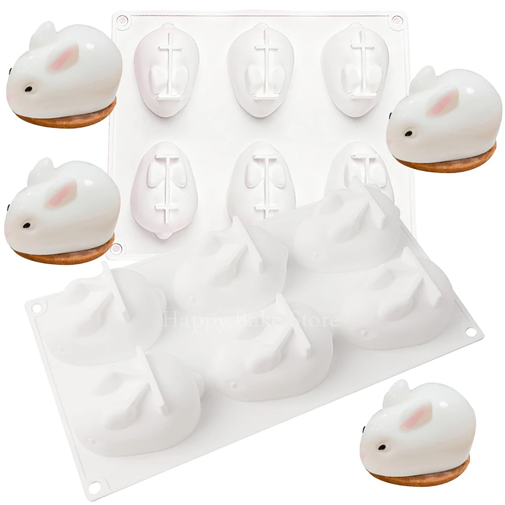 6-Cavity Rabbit Mould, 3D Rabbits Silicone Mold, Bunny Shape Soap Molds, Cute Easter Animal Fondant Pan, Cake Decoration Tools