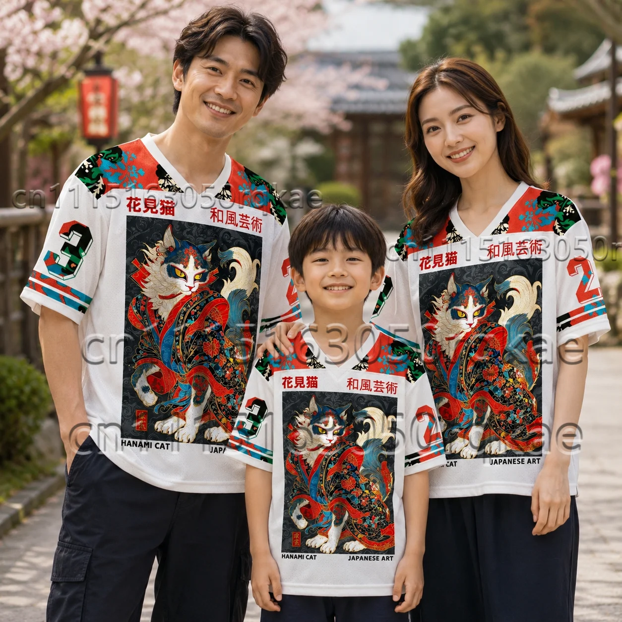 Harajuku Japanese Ukiyo-e Cat Design Printed Sport Quick-dry Breath V-Neck T-shirt Streetwear Parent-child Pullover Clothing
