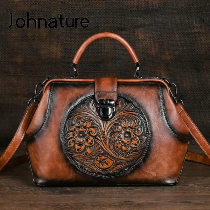 

Johnature Luxury Handbag 2024 New Vintage Handmade Totem Embossed Women Bag Versatile Shoulder Bags Large Capacity Backpack