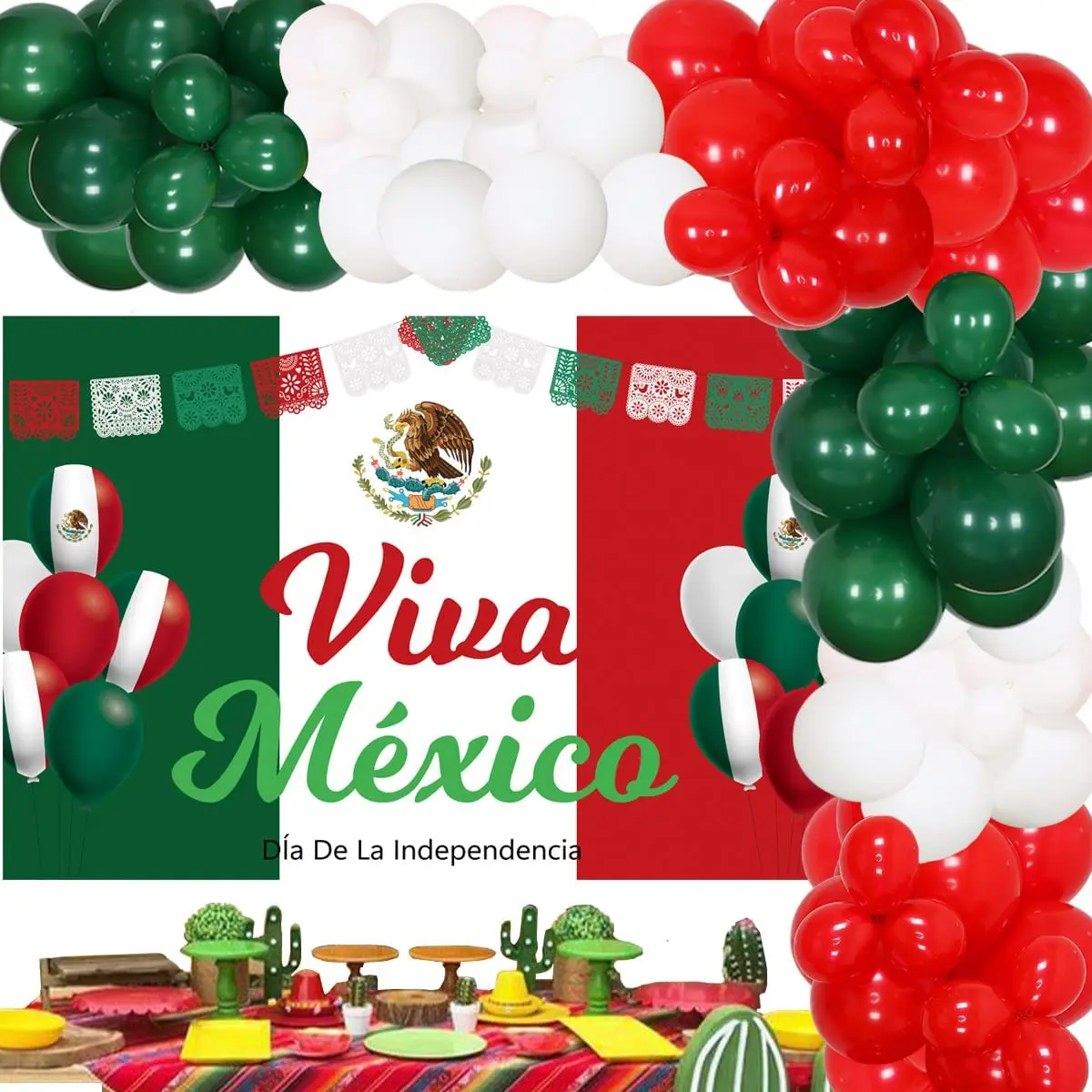 JOYMEMO Viva Mexico Decorations Mexico Independence Day Decorations Green Red Balloon Garland Arch Kit with Viva Mexico Backdrop