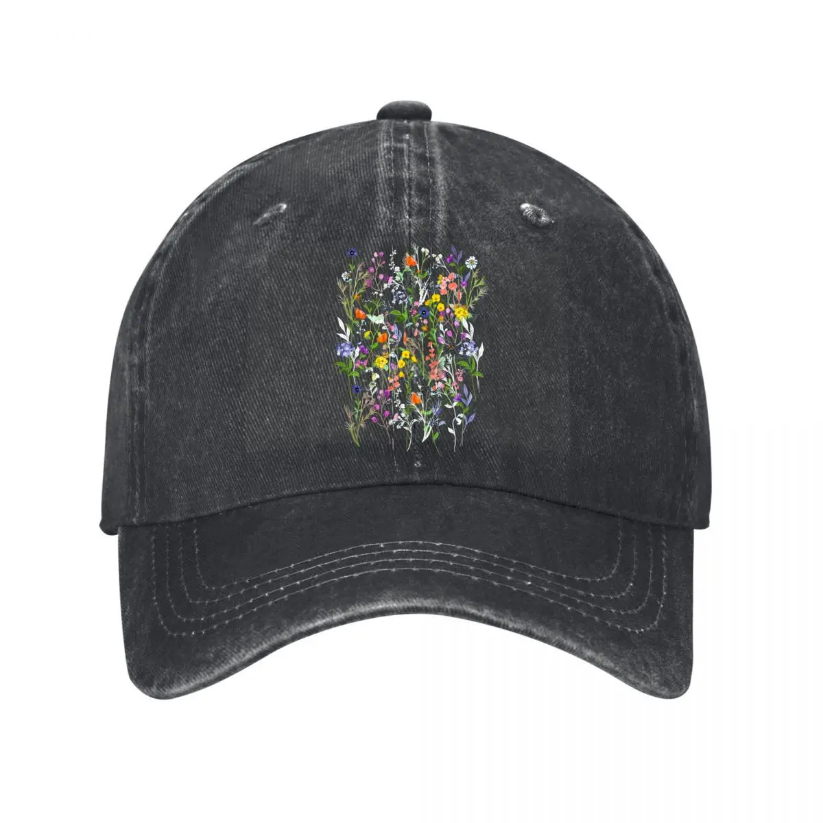 Colorful Wildflower Meadow Botanical Floral Illustration New Vintage Washed Cotton Baseball Cap Sun Hats