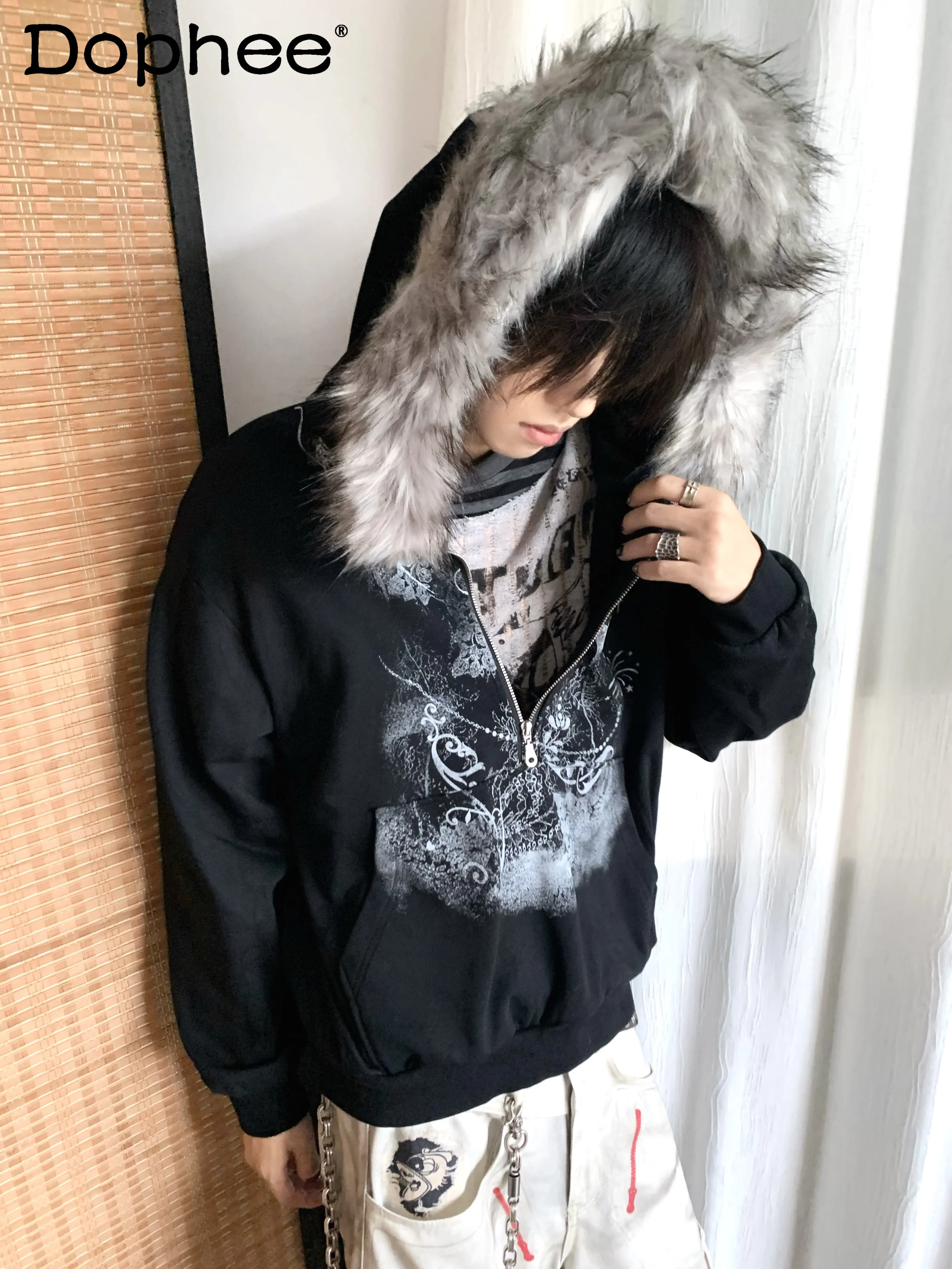

Y2K Subculture Japanese Original Fur Collar Hooded Printed Sweatshirt Fashion Trend Youth Loose Zipper Casual Jacket for Men
