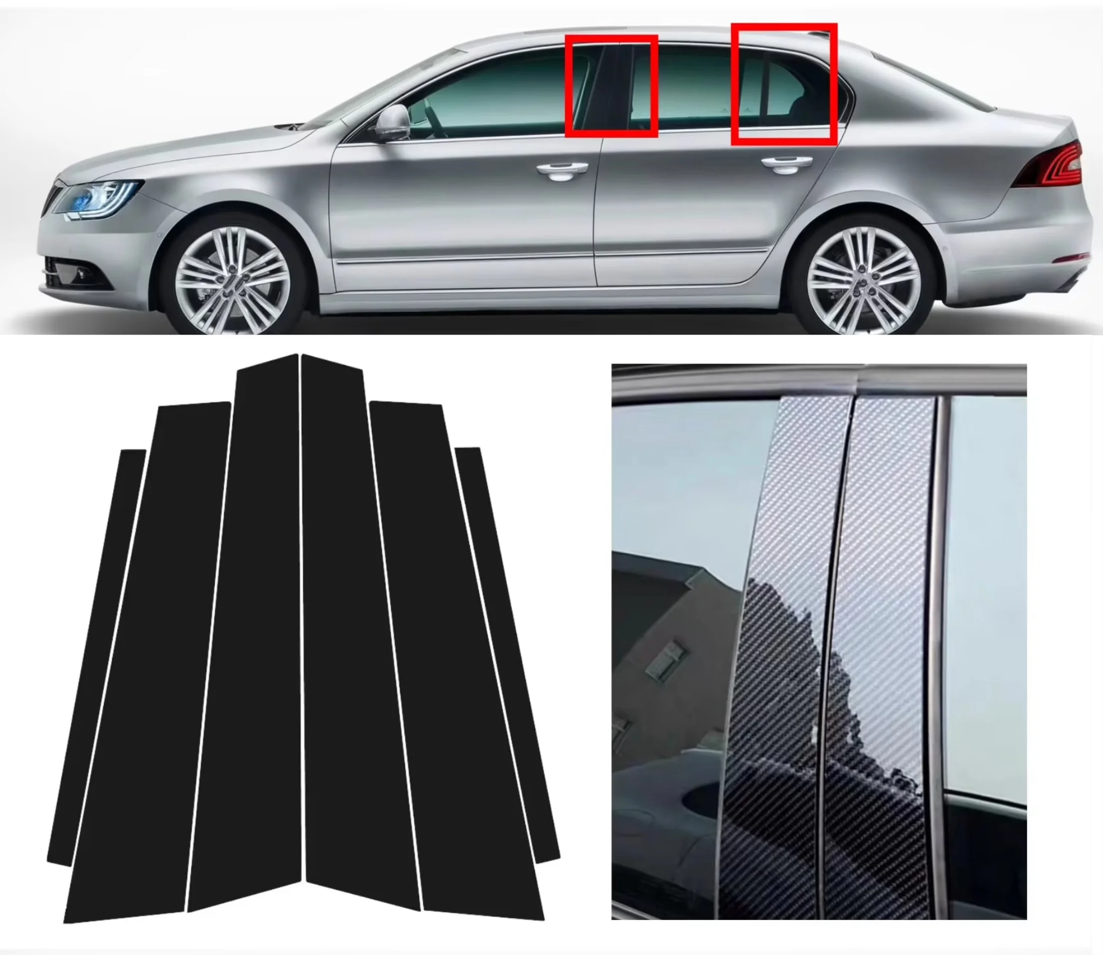 6PCS Gloss Black  Pillar Posts Carbon Fit For Skoda Superb B6 3T MK2 2009-2015 Window Decor Door Side Mouliding Trim Cover