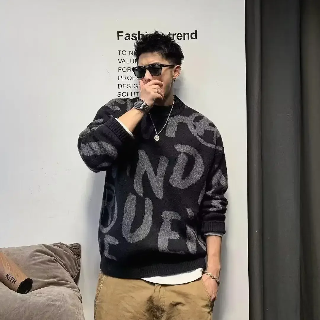 Pop Pullover Man Letter สีเขียวถักเสื้อกันหนาวผู้ชาย Crewneck หลวมรอบคอเสื้อผ้าข้อเสนอ Fit ราคาถูกทอ Top