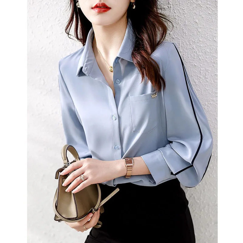 Fashion Lapel Button Spliced Pockets All-match Shirt Women Clothing 2022 Autumn New Loose Casual Tops Office Lady Blouse