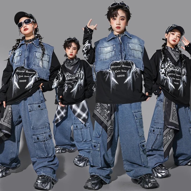 teen kid boys girls Hip Hop jazz street Denim Clothing Blue Vest Jacket Long Sweatshirt Casual Multi Pockets Jeans child outfits