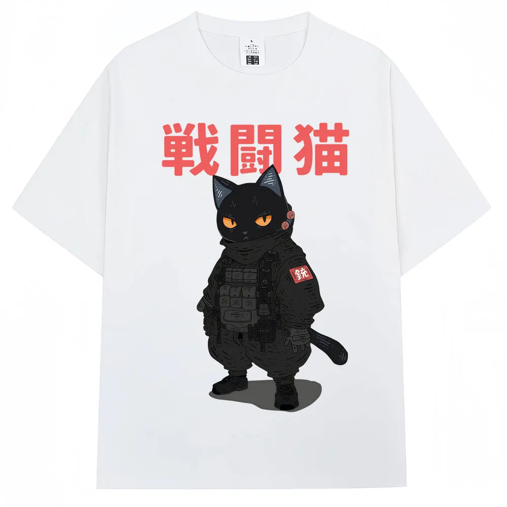 Japanese Style Combat Black Cat Graphic Print T Shirts Men Women Fashion Vintage Short Sleeve Oversized Cotton Tees Streetwear