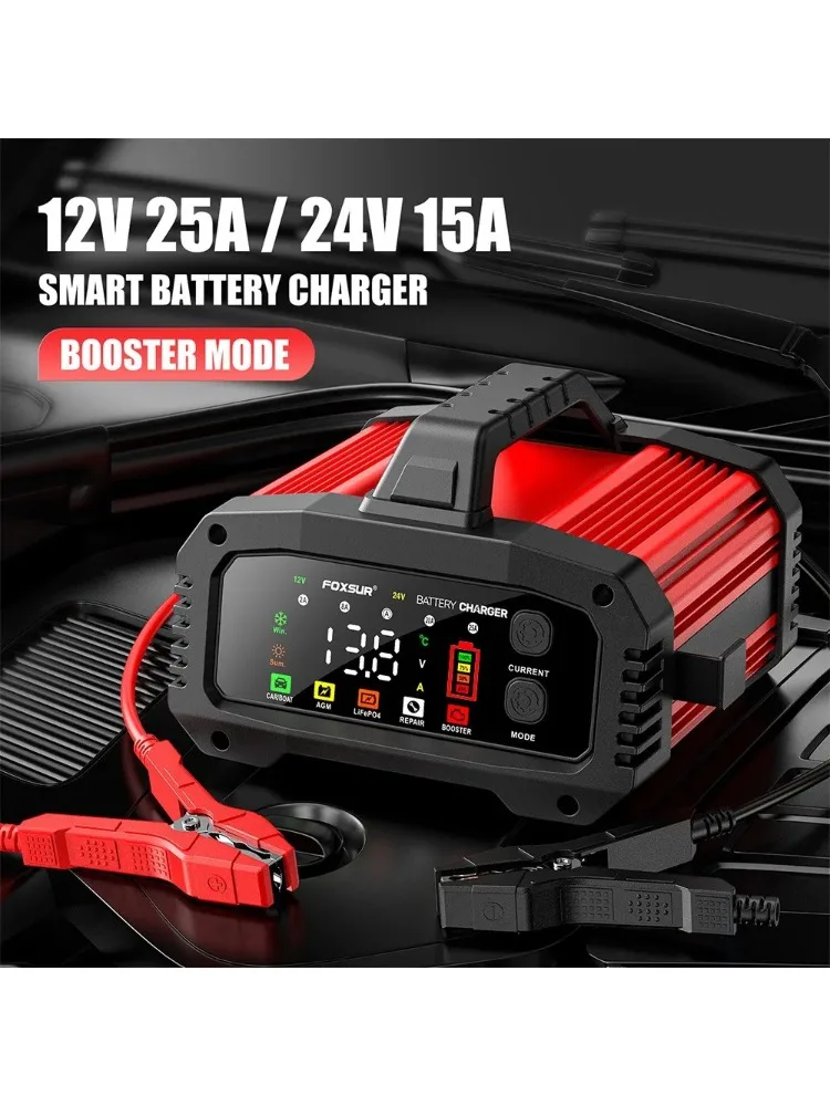 EAFC 25A 12V 24V15A Intelligentes Batterieladegerät mit Auto-Booster-Funktion für die Reparatur von Blei-Säure-AGM-GEL-LiFePo4-Batterien