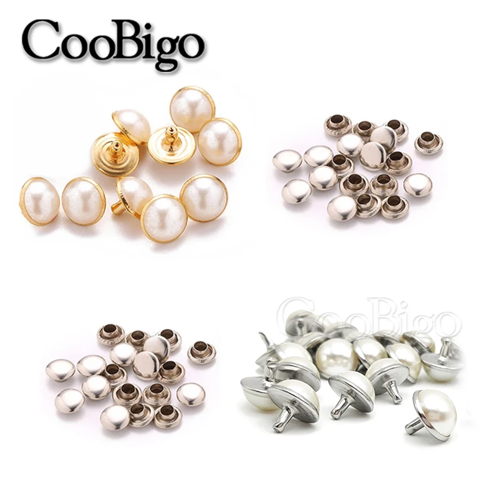 100x Imitation Pearls With Rivets Studs Leather Bag Shoes Clothes Crafts Decor Silver Gold