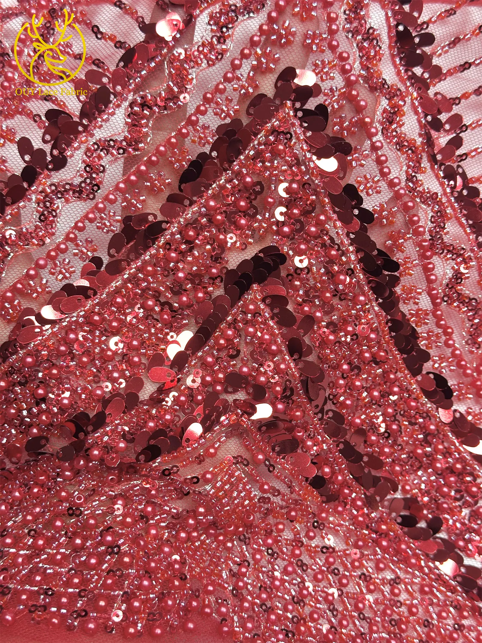 Roter afrikanischer Perlen-Spitzenstoff 2026, hochwertiger französischer nigerianischer Pailletten-Spitzenstoff für Damen, Hochzeit, Party, Kleid, Nähen – Detail 10