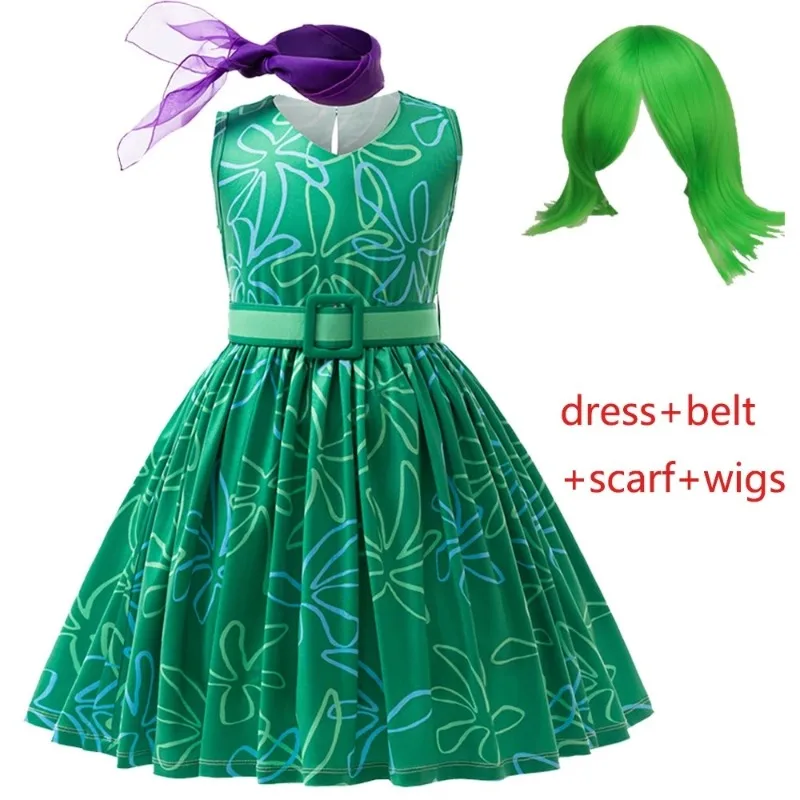 Movie Inside Out Disgust Envy Cosplay Costume Inside Out Joy Inspired Dress Wig Kids Halloween Christmas Party Cosplay Costume