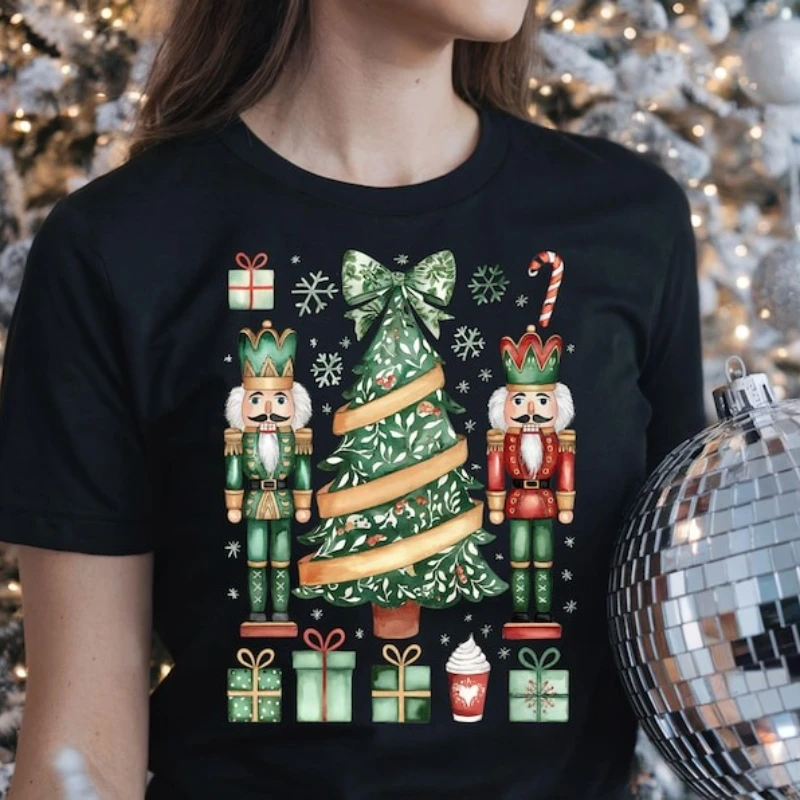 Zabawne Świąteczne Leprechauny Dziadki do Orzechów Przyjaciele Retro Zielona Koszulka Damska Urocze Koszulki z Kreskówkami Bawełniana Koszulka Krótkie Bluzki