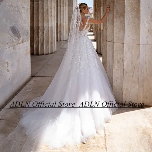 Imagen 2 del producto Vestidos De novia personalizados con escote en V profundo sin mangas Apliques De encaje una línea Vestido De novia tamaño personalizado Vestido De novia