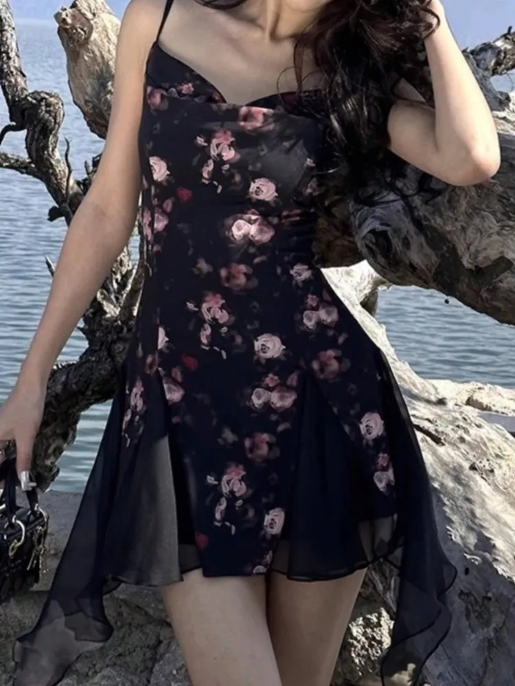 

Summer Women Fashion French Vintage Rose Floral Print Strap Dress Elegant Vneck Irregular Mini Dresses One-Piece Pretty Clothes