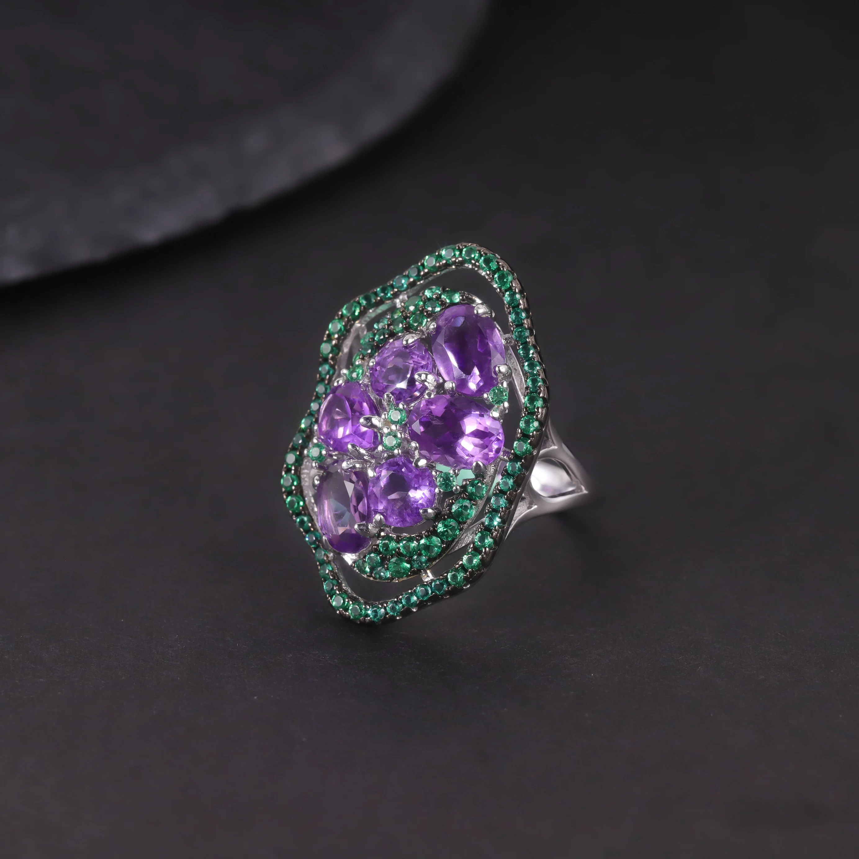 GEM'S BALLET S925 Sterling Silver Vintage Birthstone Ring Natural Multi Gemstone Chunky Silver Ring Gift For Her Free Engraved