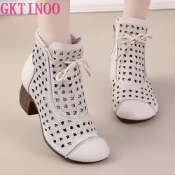 GKTINOO 2024 Summer Ankle Boots Genuine Leather Shoes Women Mid Heels Sandals Side Zip Boots Cutout Breathable Mujer Zapatos