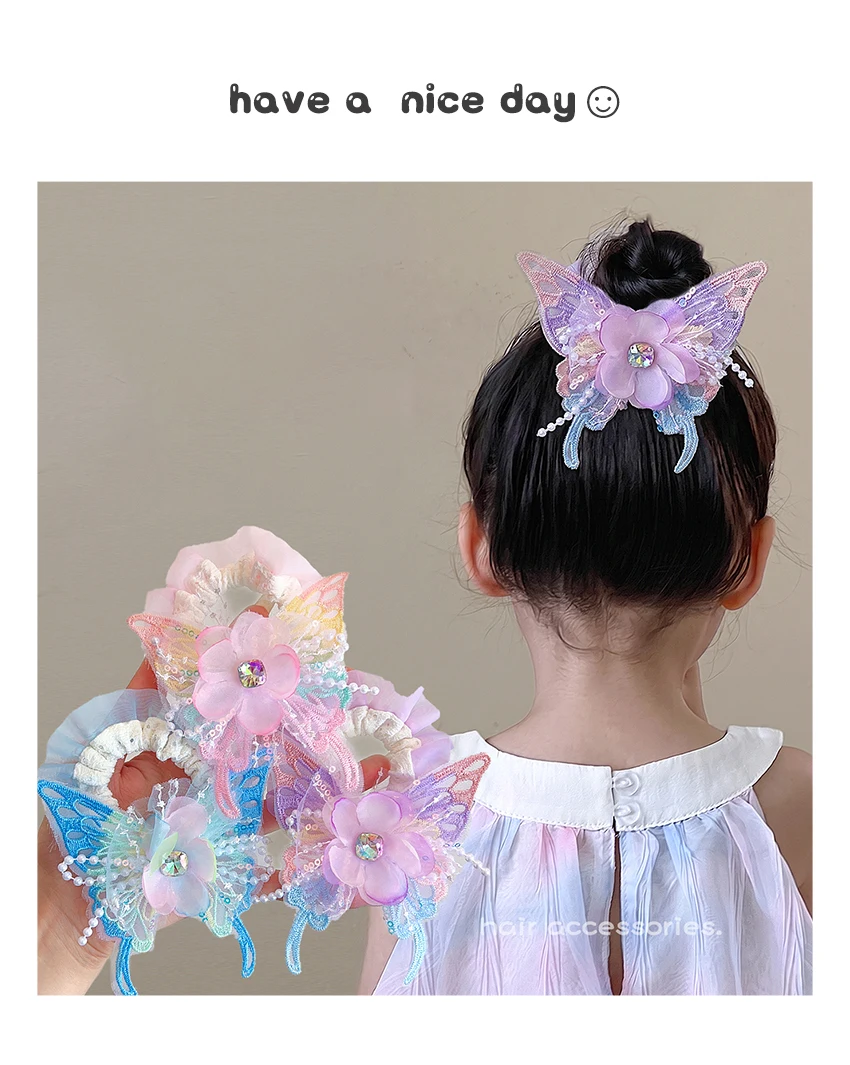 Neue Niedliche Schmetterling-Stoff-Scrunchies für Frauen und Mädchen 2026 Modische Feenprinzessin-Stil Hochelastische Haargummis Pferdeschwanzhalter – Detail 1