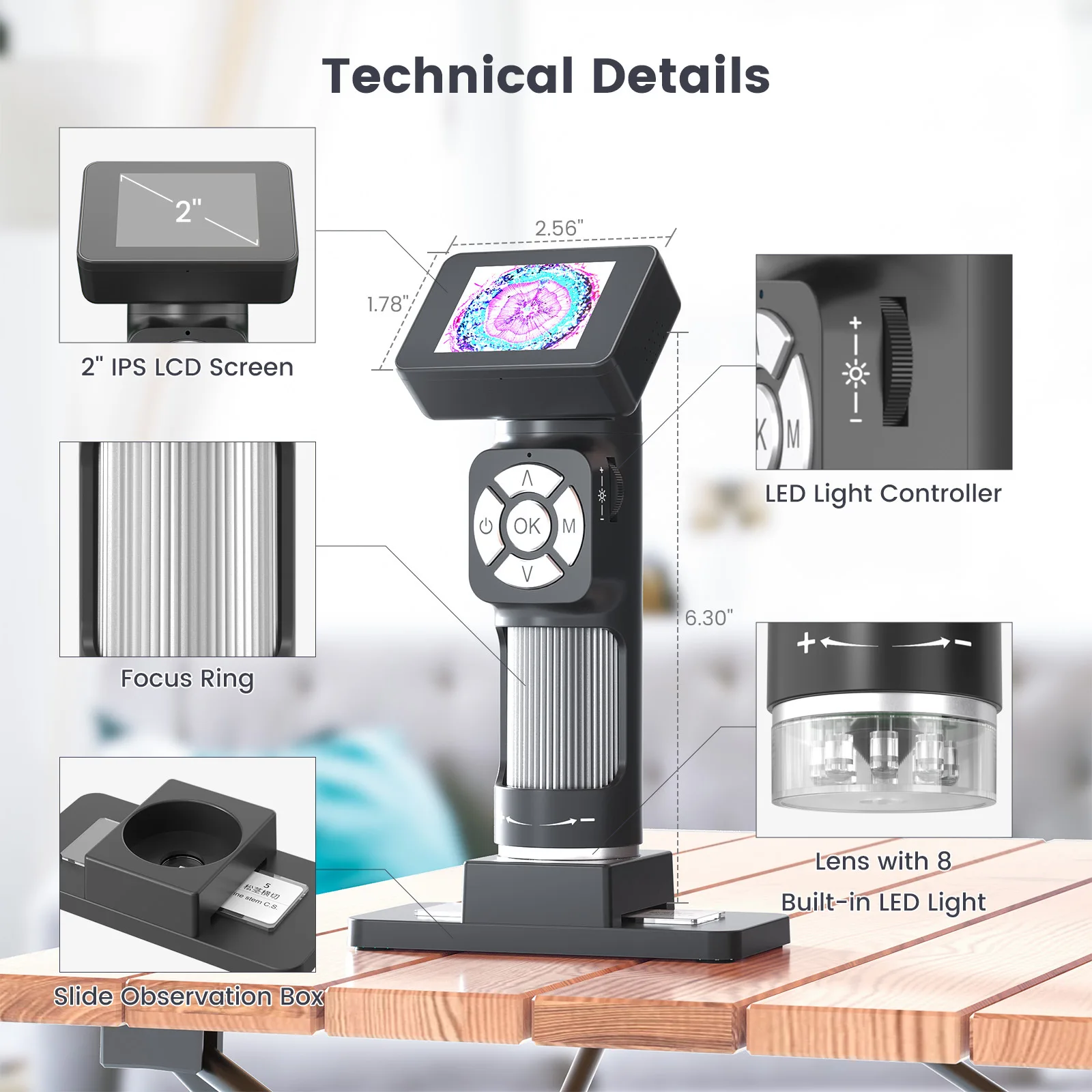 2 Inch Digital Microscope 2Mp 500X Magnification 8 Led Light Electronic Microscopio for Adult Soldering